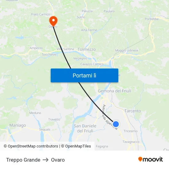 Treppo Grande to Ovaro map