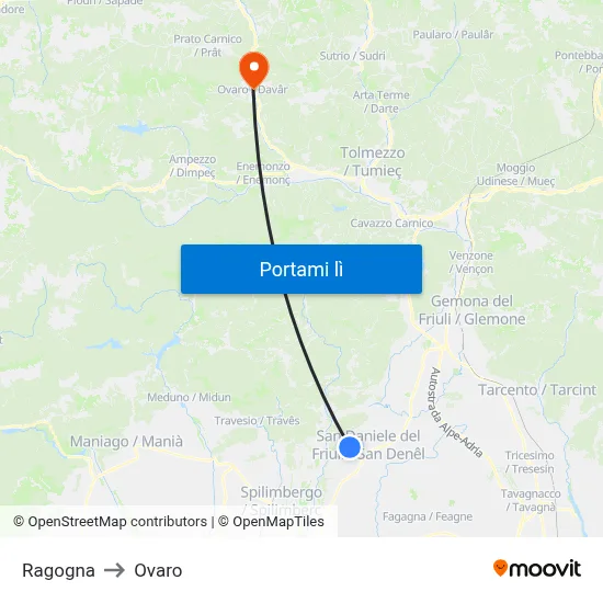 Ragogna to Ovaro map
