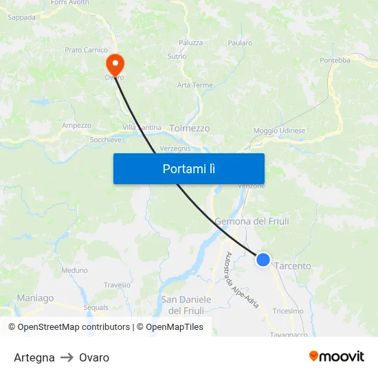 Artegna to Ovaro map