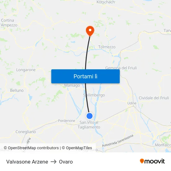 Valvasone Arzene to Ovaro map