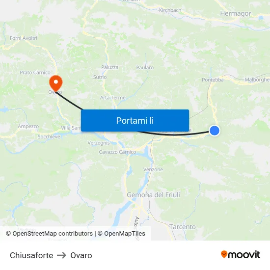 Chiusaforte to Ovaro map