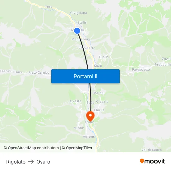 Rigolato to Ovaro map