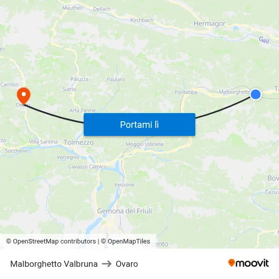 Malborghetto Valbruna to Ovaro map
