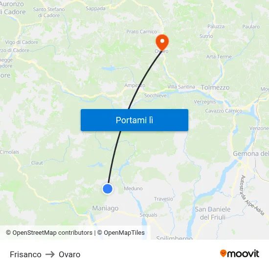 Frisanco to Ovaro map