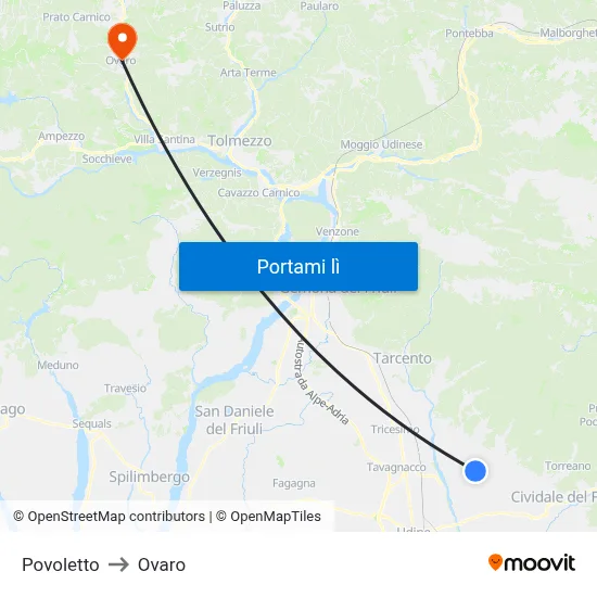 Povoletto to Ovaro map