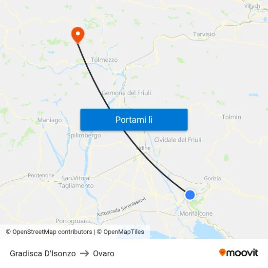 Gradisca D'Isonzo to Ovaro map