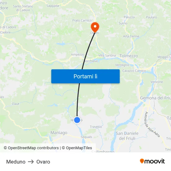 Meduno to Ovaro map