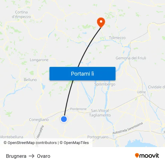 Brugnera to Ovaro map