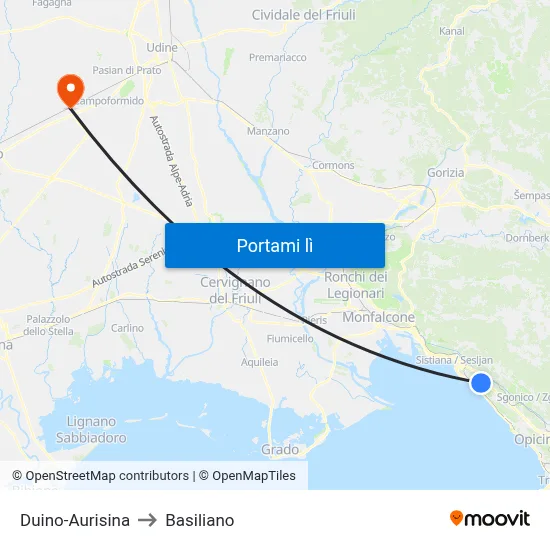 Duino-Aurisina to Basiliano map