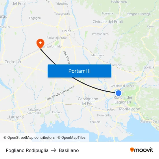 Fogliano Redipuglia to Basiliano map