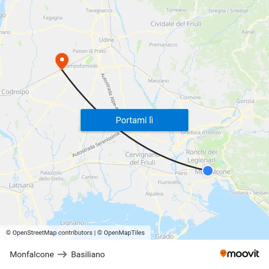 Monfalcone to Basiliano map