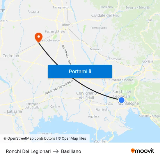 Ronchi Dei Legionari to Basiliano map