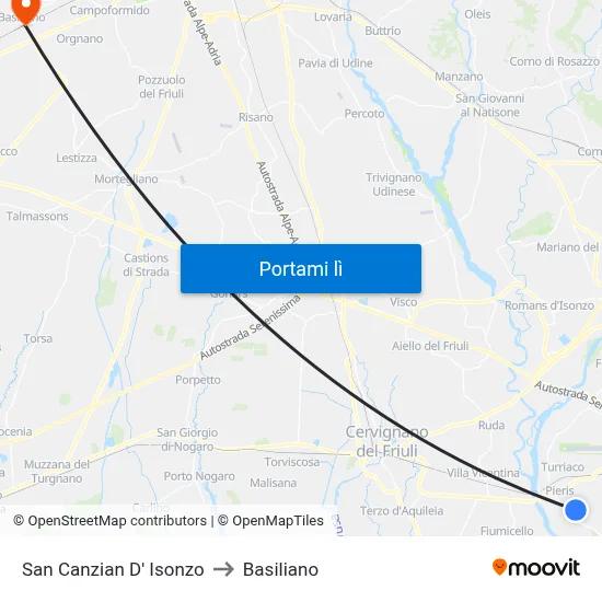 San Canzian D' Isonzo to Basiliano map