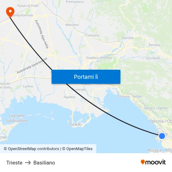Trieste to Basiliano map