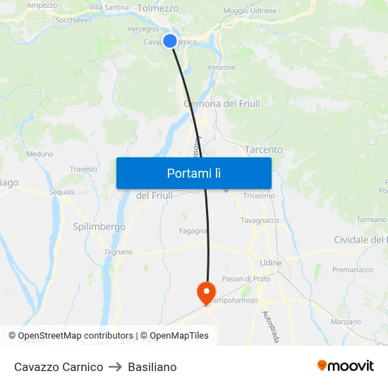 Cavazzo Carnico to Basiliano map