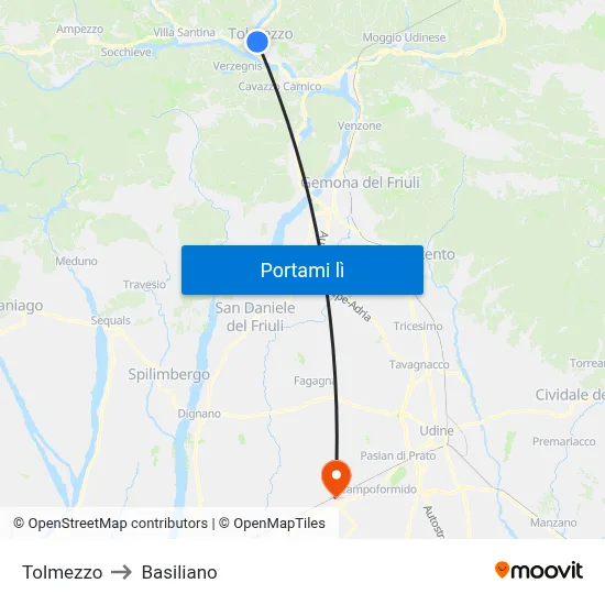 Tolmezzo to Basiliano map