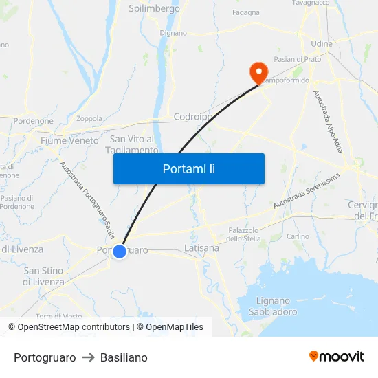 Portogruaro to Basiliano map
