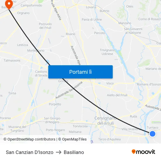 San Canzian D'Isonzo to Basiliano map