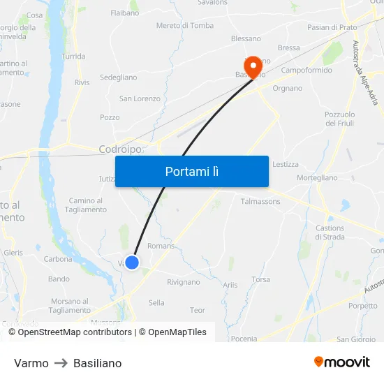 Varmo to Basiliano map