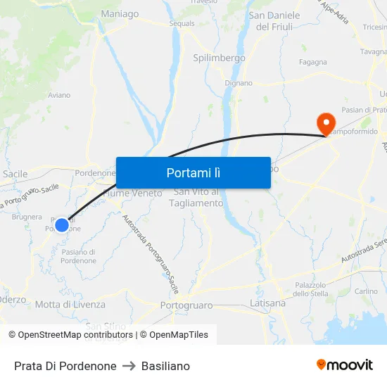 Prata Di Pordenone to Basiliano map