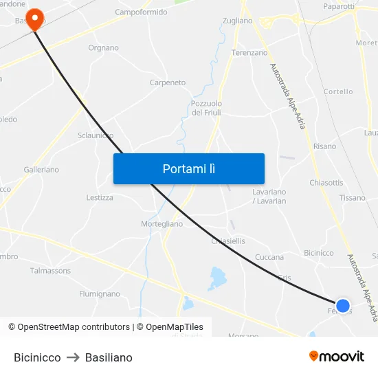 Bicinicco to Basiliano map