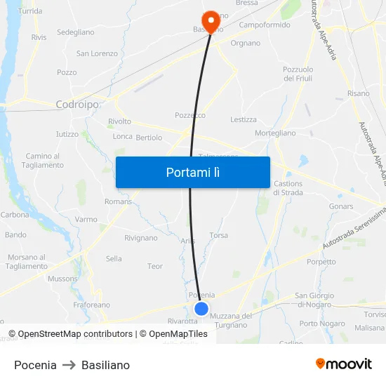 Pocenia to Basiliano map
