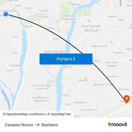 Cavasso Nuovo to Basiliano map