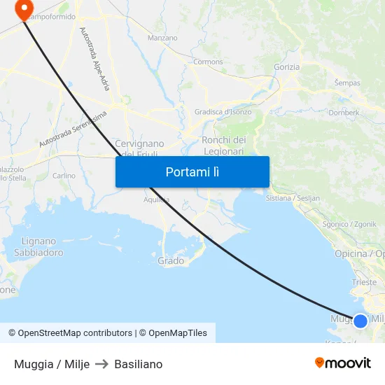 Muggia / Milje to Basiliano map