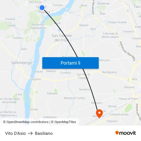 Vito D'Asio to Basiliano map