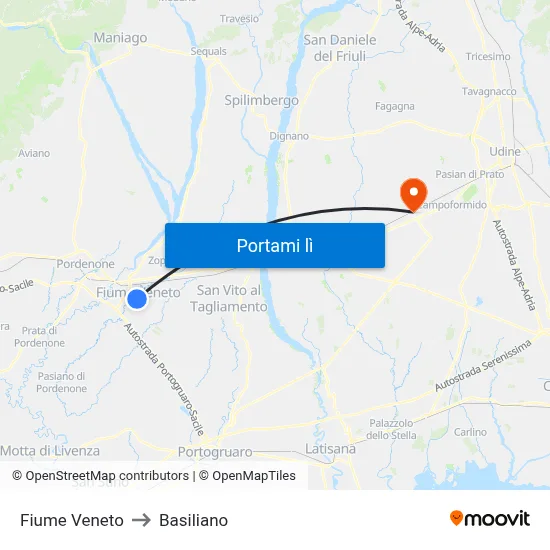 Fiume Veneto to Basiliano map