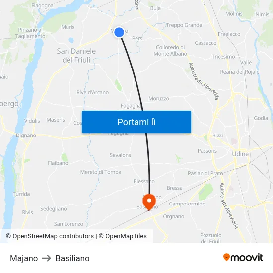 Majano to Basiliano map