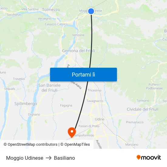 Moggio Udinese to Basiliano map