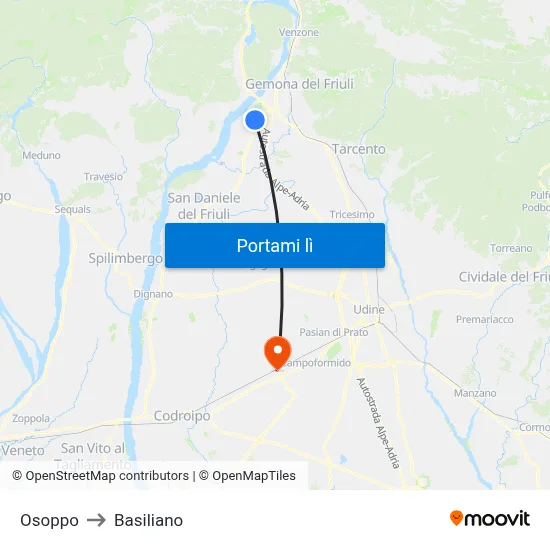 Osoppo to Basiliano map