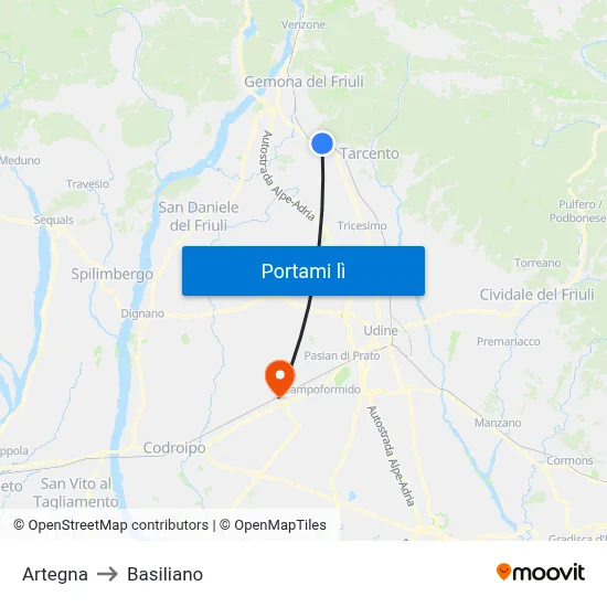 Artegna to Basiliano map