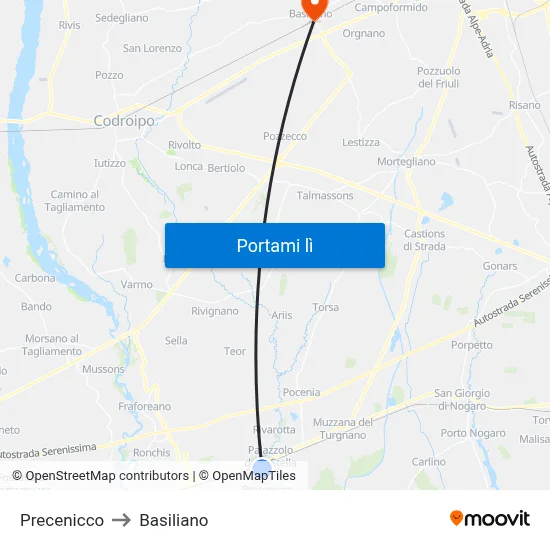 Precenicco to Basiliano map