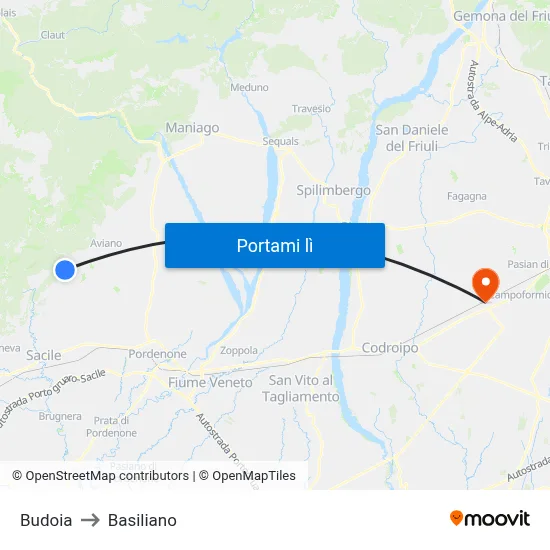 Budoia to Basiliano map