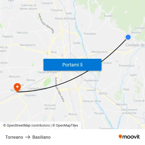 Torreano to Basiliano map