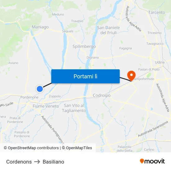 Cordenons to Basiliano map