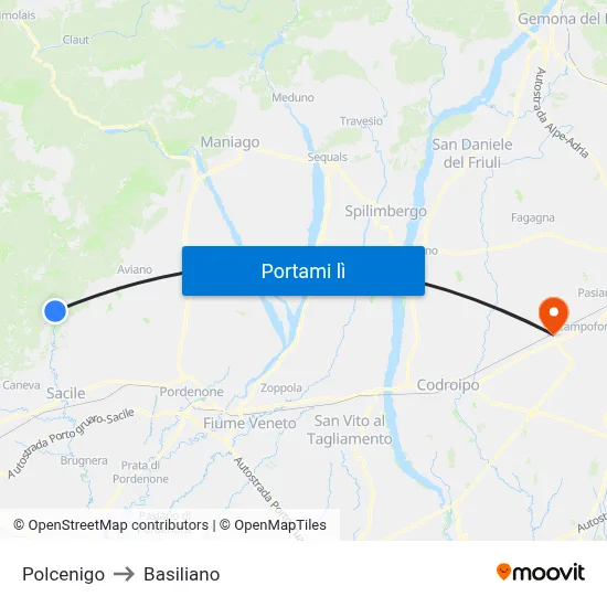 Polcenigo to Basiliano map