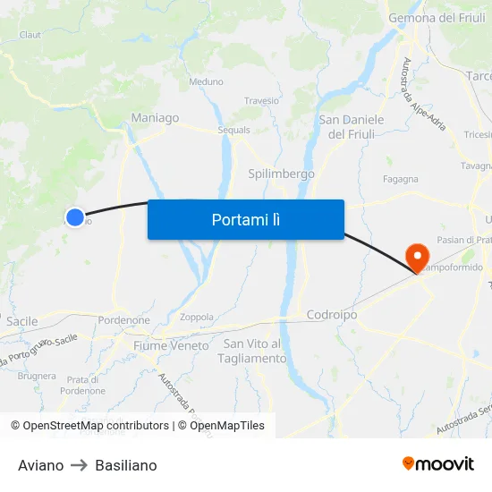 Aviano to Basiliano map