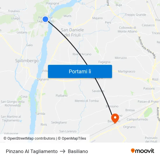 Pinzano Al Tagliamento to Basiliano map