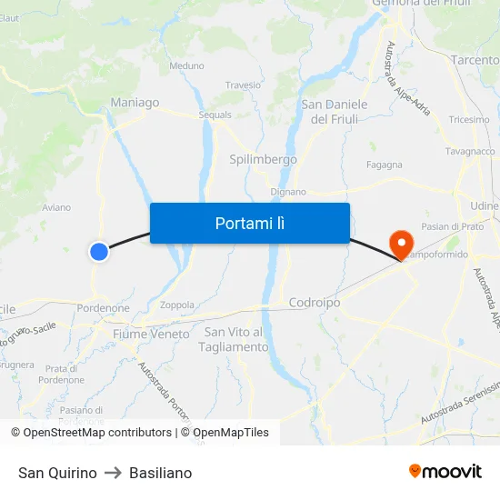 San Quirino to Basiliano map