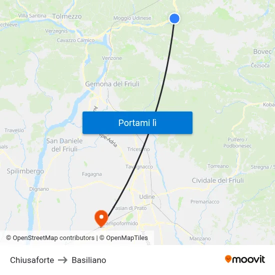 Chiusaforte to Basiliano map