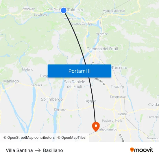 Villa Santina to Basiliano map