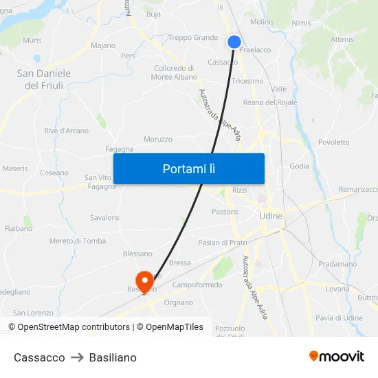 Cassacco to Basiliano map