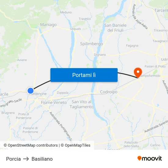 Porcia to Basiliano map