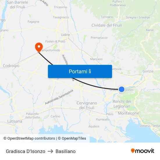 Gradisca D'Isonzo to Basiliano map