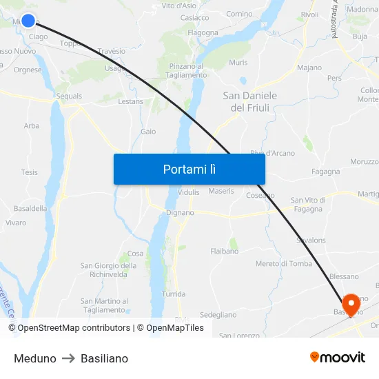 Meduno to Basiliano map