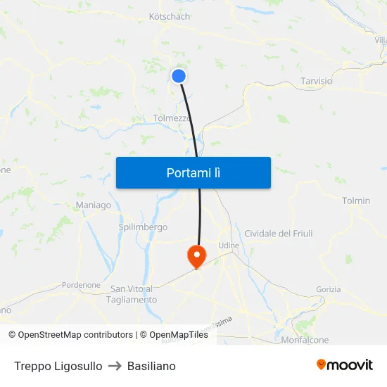 Treppo Ligosullo to Basiliano map