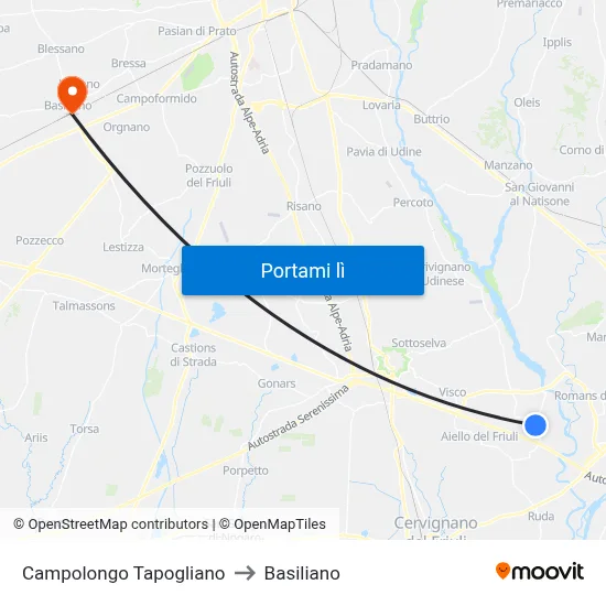 Campolongo Tapogliano to Basiliano map
